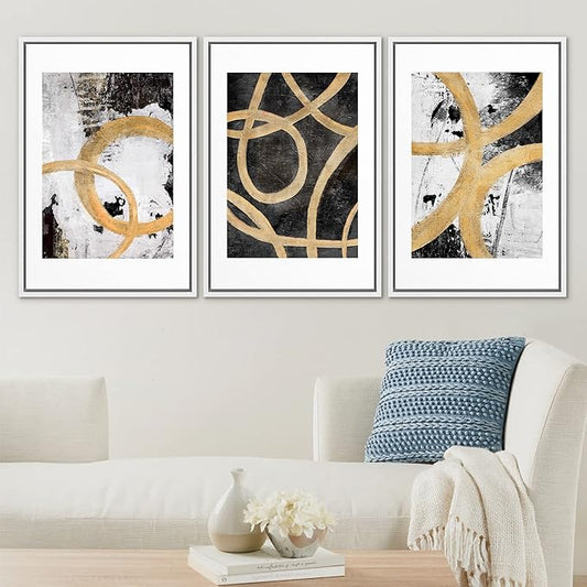 SIGNLEADER Framed Canvas Print Wall Art Set Gold Black Circle Ring Spiral Collage Abstract Shapes Illustrations Modern Art Decorative Contemporary for Living Room, Bedroom, Office - 16"x24"x3 WHITE