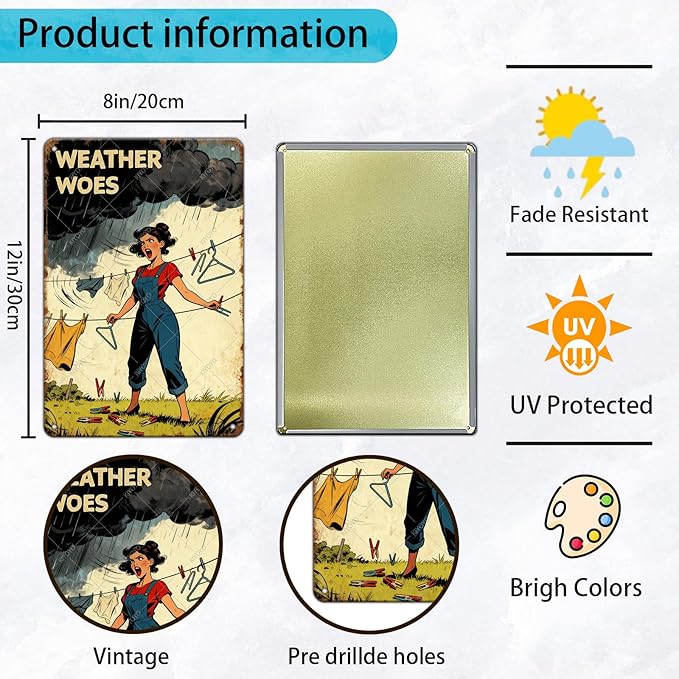 Weather Woes Laundry Tin Sign Vintage Metal Plaque Funny Sarcastic Retro Housewife Design Laundry Room Wall Art Kitchen Home Decor Rustic Farmhouse Gift 12x8 Inch