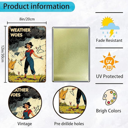 Weather Woes Laundry Tin Sign Vintage Metal Plaque Funny Sarcastic Retro Housewife Design Laundry Room Wall Art Kitchen Home Decor Rustic Farmhouse Gift 12x8 Inch