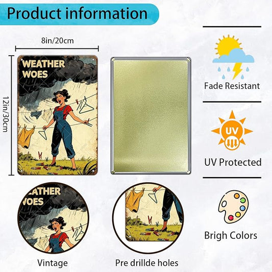Weather Woes Laundry Tin Sign Vintage Metal Plaque Funny Sarcastic Retro Housewife Design Laundry Room Wall Art Kitchen Home Decor Rustic Farmhouse Gift 12x8 Inch