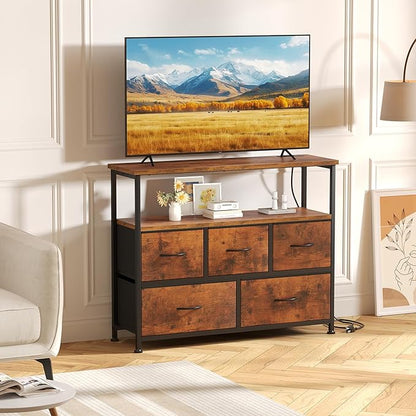 DUMOS TV Stand, Dresser with 5 Fabric Storage Drawers, Media Console Featuring Open Shelf, Fabric Storage Cabinet with Charging Station, Compact Entertainment Unit for Bedroom, Living Room, Brown
