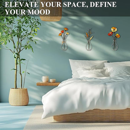 Fanjashn 3 Pcs Metal Flowers Wall Decor, Minimalist Floral Wall Art Decor for Bathroom, Living Room, Bedroom, Kitchen and Dining Room
