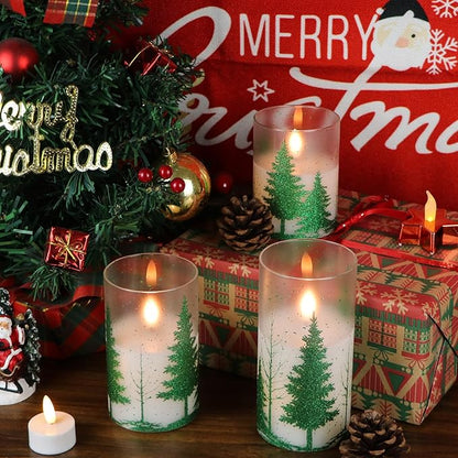 Wondise Glass Flickering Flameless Candles with Remote and Timer, Battery Operated 3D Wick LED Candles Christmas Tree for Christmas Holiday Home Decoration, Set of 3(D3 x H4,5,6 Inch)