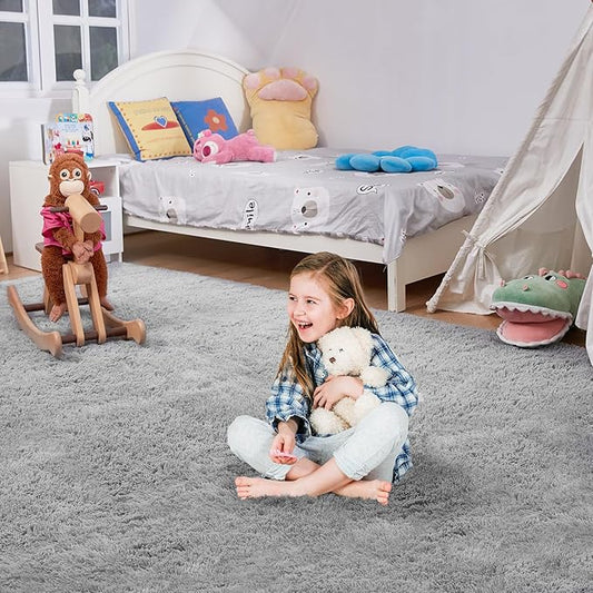 Ultra Soft Rug for Living Room, 5X8 Fluffy Shag Area Rug for Bedroom, Modern Shaggy Carpet Fuzzy Rug for Teens Dorm Nursery Home Decor Aesthetic, Upgrade Anti-Skid Durable, Light Grey