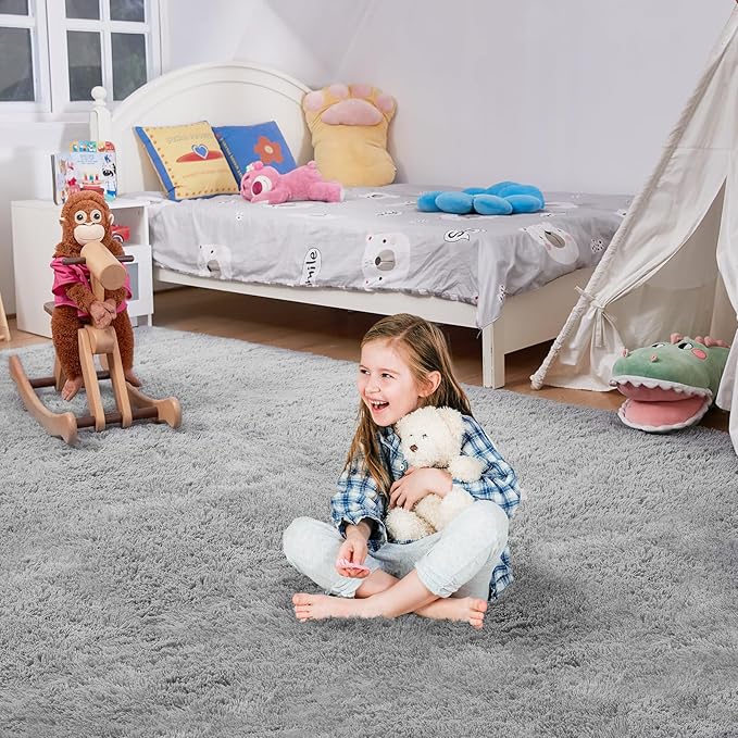 Ultra Soft Rug for Living Room, 5X8 Fluffy Shag Area Rug for Bedroom, Modern Shaggy Carpets Fuzzy Rug for Teens Dorm Nursery Home Decor Aesthetic, Upgrade Anti-Skid Durable, Light Grey