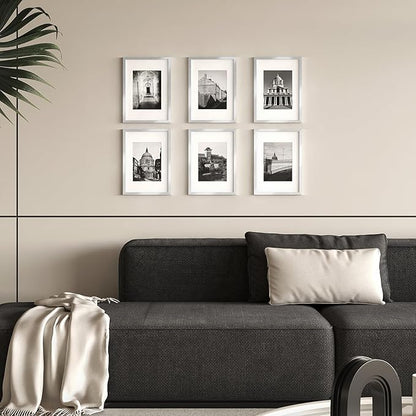 A4 Picture Frame Set of 6, Display Pictures 6x8 with Mat or 8.3x11.7 Without Mat, Document 8.3 x 11.7 Frame, Poster Frames,Silver