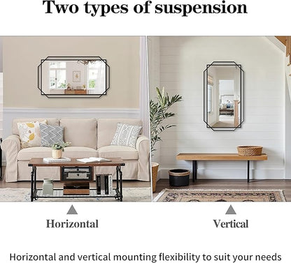 Black Bathroom Mirror with Shelf, 36" x 21" Mirror Wall Decor with Modern Art Rectangular Metal Frame for Living Room, Bedroom, Dining Room, Entryway