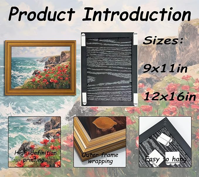 Vintage Gold Framed Coastal Wildflowers Canvas Wall Art, Cliff Landscape Poster Print Artwork, Nature Ocean Wave Painting Picture Wall Decor, for Living Room, Bedroom, Home Decoration, 12x16in
