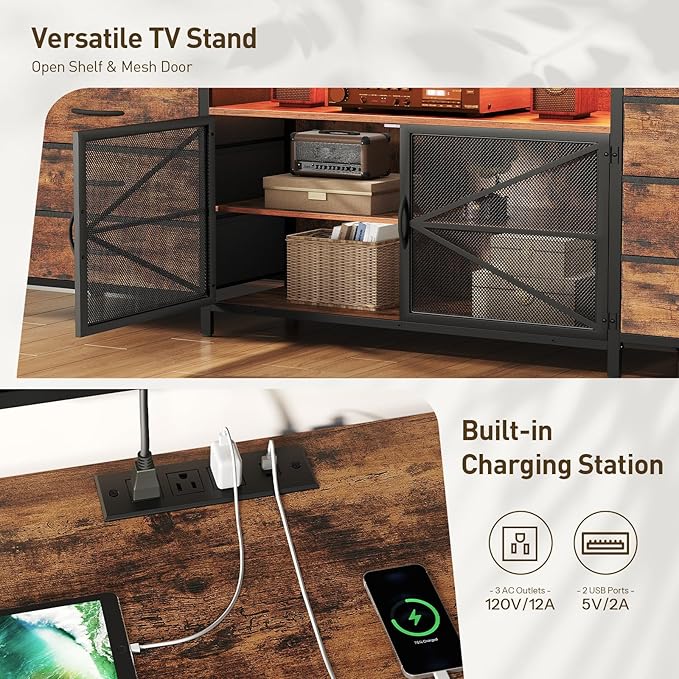 RALGEND 75/80/85 Inch TV Stand with Storage, TV Stands for Living Room, Long TV Stand with 8 Fabric Drawers, 71" Large Entertainment Center TV Console with Mesh Door, Rustic Brown