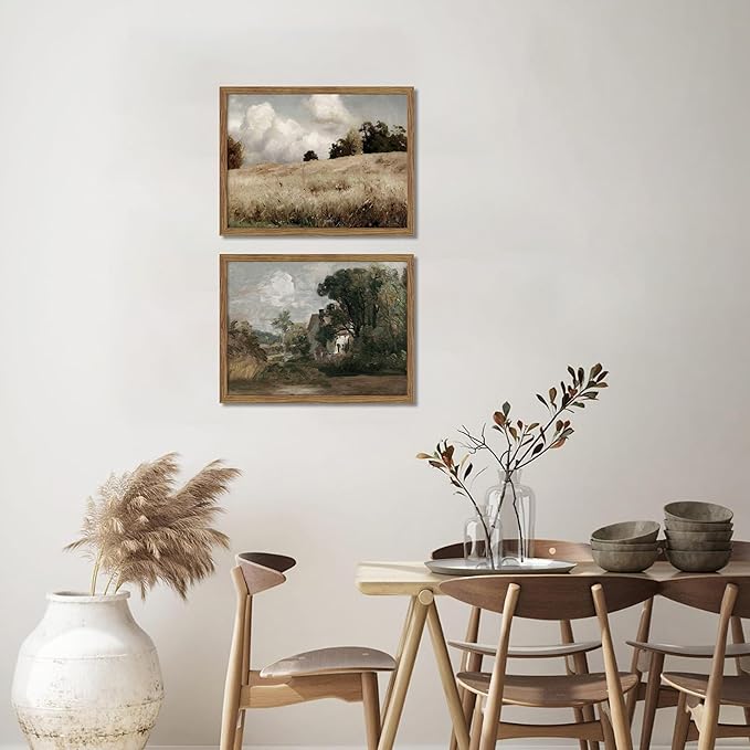 Framed Vintage Landscape Wall Art Set of 2, Rustic Farmhouse Field Canvas Wall Decor Paintings, Retro Nature Country Artwork Prints Pictures for Living Room Bedroom Home Decor 16x24 Inch