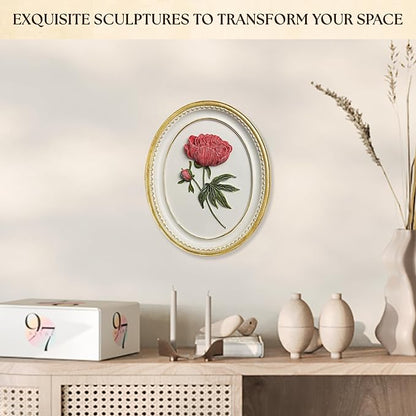 97 Decor Oval Vintage Wall Sculptures For Living Room - Handcrafted 3d Peony Floral Wall Art For Home Bedroom Decorations, Modern Sculpture Flower Art For Tabletop And Walls Hanging