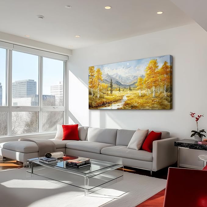 crmotu Mountain Forest Wall Art, Riverside Birch Tree Oversized Paintings, Nature Landscape Pictures Art Prints, Modern Large Wall Decor Living Room Bedroom Office Farmhouse Canvas Artwork 29x57inch