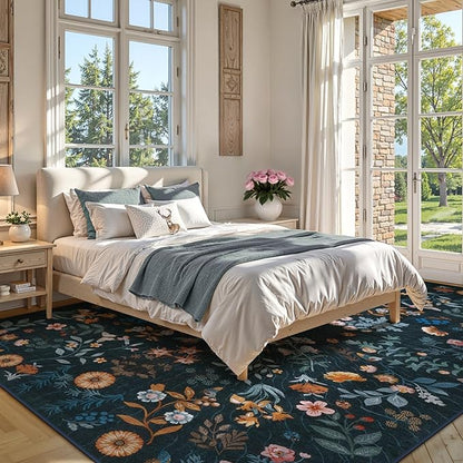 LIVEBOX Sunflower Botanical Washable 8x10 Area Rugs, Blue Rug for Living Room, Non Slip Rugs for Bedroom, Boho Floral Indoor Throw Dining Room Carpet for Under Table Home Office Nursery Playroom
