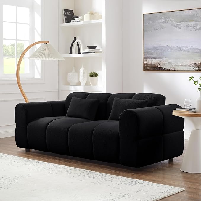 80" Modern Sofa Couch, Comfy Deep Seat Lambswool Cloud Sofa, Upholstered 3-Seater Boucle Couch, Oversized Loveseat for Living Room, Bedroom, Office, Apartment(Black)
