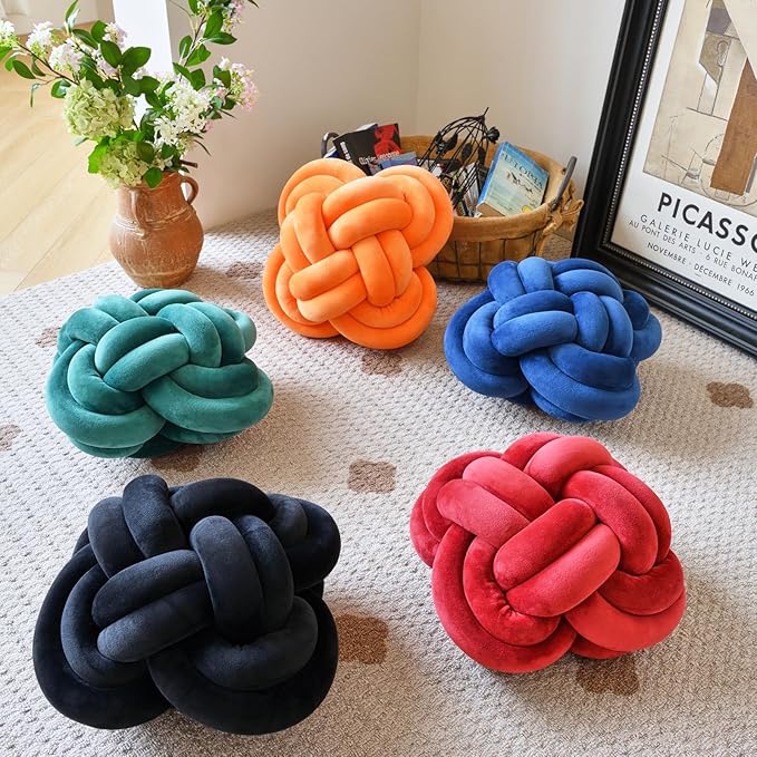 Xuyier Knot Pillow Ball, Decorative Throw Pillows with Velvet Fabric for Couch Bed, 12" Decor Knotted Square Floor Pillow Cushions for Living Room (12 Inches, Black)