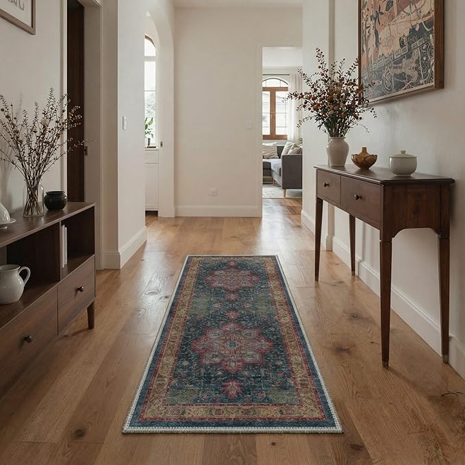 GENIMO 2x6 Runner Rugs for Hallway, Machine Washable Non Slip Vintage Rugs, Low Pile Lightweight Soft Print Carpet for enrtyway, Corridor, Home Office, Kitchen, Teal Burgundy