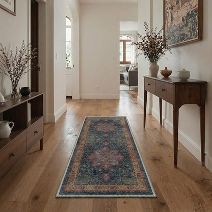 GENIMO 2x6 Runner Rugs for Hallway, Machine Washable Non Slip Vintage Rugs, Low Pile Lightweight Soft Print Carpet for enrtyway, Corridor, Home Office, Kitchen, Teal Burgundy