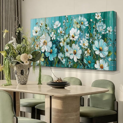 BQVCT White Daisy Floral Wall Art 20x40 Inch Large Gallery Wrapped Canvas Print Turquoise Blue Botanical Painting on Textured Background Ready to Hang for Living Room Bedroom Office Decor