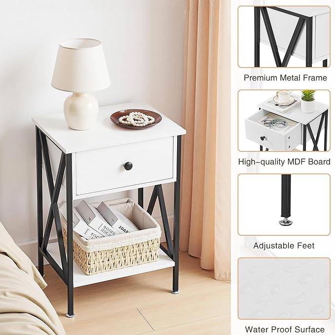 VECELO Nightstands, Modern Bedside End Tables Set of 2, Night Stand with Drawer and Storage Shelf for Living Room Bedroom, Industrial Metal Frame