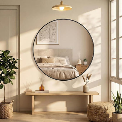 OLIXIS 30 Inch Black Round Bathroom Wall Mirror, Round Bathroom Mirrors for Over Sink, Circle Mirror with Tempered Glass for Home Decor, Entryway, Bedroom, Vanity, Shatterproof& Crystal-Clear