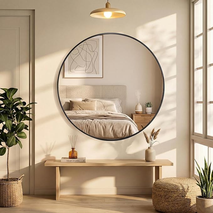 OLIXIS Bathroom Round Mirror for Over Sink, 30 Inch Wall Circle Mirror with Matte Metal Framed, Modern Wall Mount Vanity Mirror for Home Decor, Living Room, Bedroom, Black