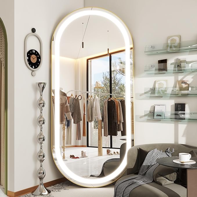 FENNIO 70" x 32" Large Luxury Wall Mounted Mirror with LED Lights - Oval Full Length LED Lighted Full Body Dressing Mirror for Bedroom, Salon, Brushed Aluminum Frame, Tempered Glass