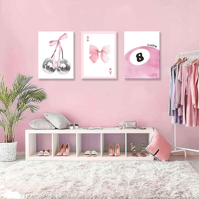 Framed Pink Canvas Wall Decor Set of 3, Pink Bow Wall Art Oil Painting, Girls Preppy Room Decor Picture, Trendy Disco Ball Print Poster for Teen Girl Apartment Bedroom Living Room Aesthetic 16x24 Inch