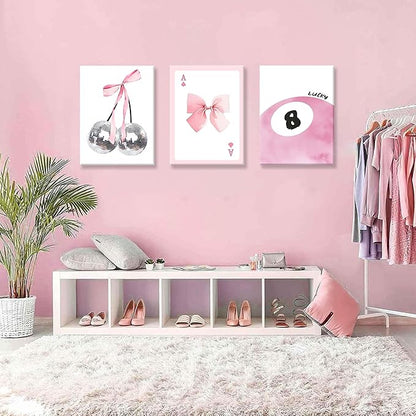 Framed Pink Canvas Wall Decor Set of 3, Pink Bow Wall Art Oil Painting, Girls Preppy Room Decor Picture, Trendy Disco Ball Print Poster for Teen Girl Apartment Bedroom Living Room Aesthetic 12x16 Inch