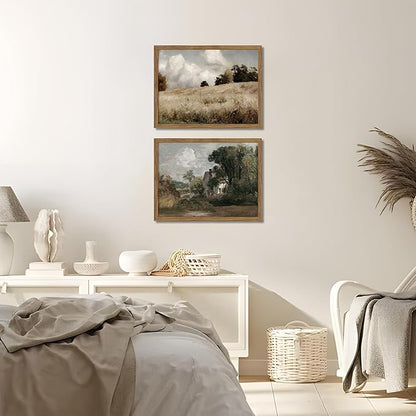 Framed Vintage Landscape Wall Art Set of 2, Rustic Farmhouse Field Canvas Wall Decor Paintings, Retro Nature Country Artwork Prints Pictures for Living Room Bedroom Home Decor 16x24 Inch