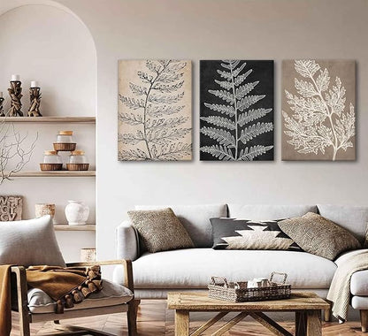 3Pcs Framed Botanical Canvas Wall Art Black Tan Fern Leaf Pictures Minimalist Paintings Nature Fern Plant Silhouette Posters Prints for Living Room Bedroom Office Farmhouse Wall Decor