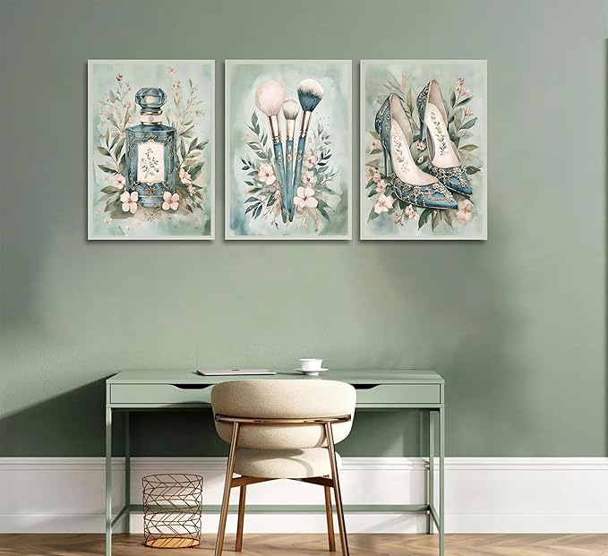 3Pcs Fashion Teen Girls Bedroom Wall Art Perfume Makeup Brushes High Heel Canvas Painting Green Watercolor Botanical Flowers Wall Decor Coquette Preppy Posters Prints for Girl Dorm Pictures Unframed