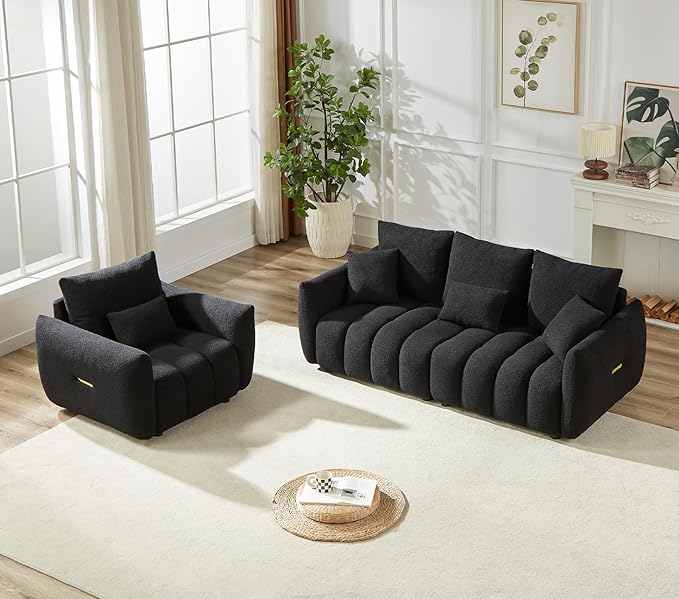 Antetek Set of 3 Teddy Sofa for Living Room, Modern 2 Units Deep Seat Sofa Chairs and an Oversized 3-Seater Cloud Boucle Couch for Bedroom, Office, Apartment, Furniture Set, Black (3 Pieces)