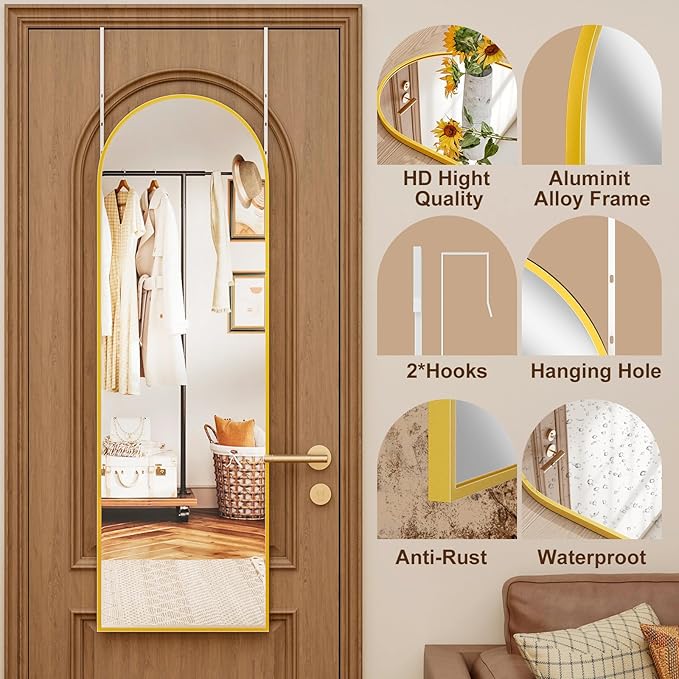 Rowjut Full Length Door Mirror, Wall Mounted Wall & 48"X14"Arched Behind Door Mirrors, Full Length Mirror for Use in Living Rooms, Rooms, Bedrooms, Cloakrooms, etc. (Gold)