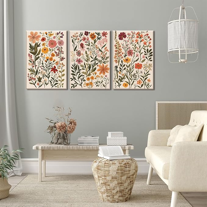 KISSFOX 3 Piece Boho Floral Canvas Wall Art For Bedroom Cottagecore Wild Flower Wall Art Colorful Nature Modern Botanical Art Prints For Nursery Living Room,16x24 in