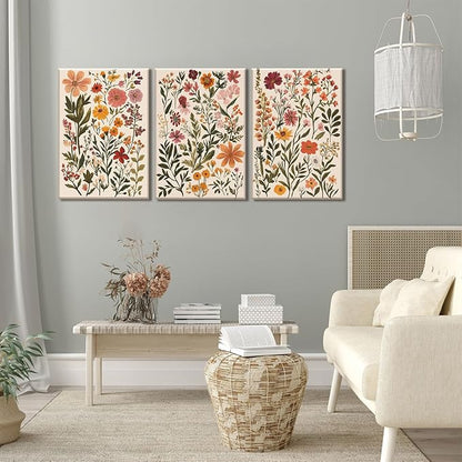 KISSFOX 3 Piece Boho Floral Canvas Wall Art For Bedroom Cottagecore Wild Flower Wall Art Colorful Nature Modern Botanical Art Prints For Nursery Living Room,12x16 in