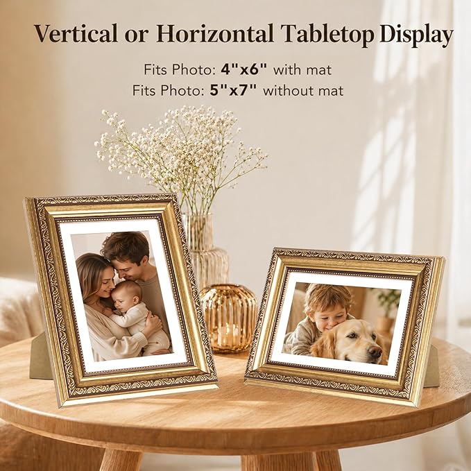 JCJMY 5x7 Vintage Picture Frame with 4x6 Mat Set of 2, Elegant Retro 5 by 7 Photo Frame with Shatter-Resistant Plexiglass for Wall or Tabletop Display, Gallery Decor & Gift, Gold, 2 Pack