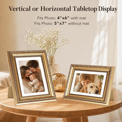 JCJMY 5x7 Vintage Picture Frame with 4x6 Mat Set of 2, Elegant Retro 5 by 7 Photo Frame with Shatter-Resistant Plexiglass for Wall or Tabletop Display, Gallery Decor & Gift, Gold, 2 Pack