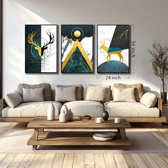 Boho Canvas Wall Art Set of 3 with Black Frame, Abstract Minimalismt Bohemian Deer & Geometric Pictures Prints Artwork Paintings Wall Decor for Bedroom Living Room Home Decoration 24x36 inches