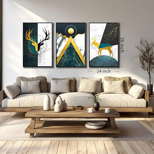 Boho Canvas Wall Art Set of 3 with Black Frame, Abstract Minimalismt Bohemian Deer & Geometric Pictures Prints Artwork Paintings Wall Decor for Bedroom Living Room Home Decoration 24x36 inches