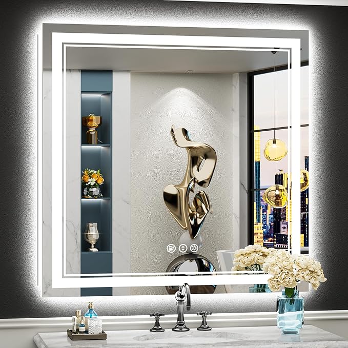 38x38 LED Bathroom Mirror with Lights, Backlit and Front Lit Anti-Fog Lighted Vanity Mirrors for Bathroom Wall, Dimmable, 3-Color Light, Memory, Shatter-Proof, HD Tempered Glass, CRI＞90