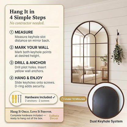Brown Arched Windowpane Mirror 32x20 Inch, Bathroom Mirror Vanity Mirror for Wall, Boho Bedroom Decor, Vintage Hanging Mirror, Espejo de Pared