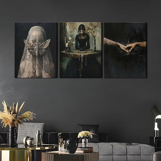 Dark Academia Wall Art, Moody Gothic Victorian Canvas Wall Decor Painting, Vintage Creepy Aesthetic Artwork Poster Prints Pictures for Living Room Bedroom 12x16 Inch Framed