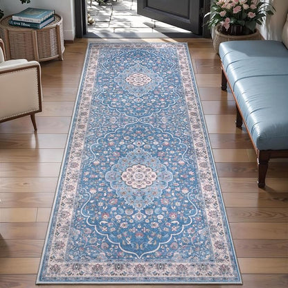Tangsoo 2x5 Washable Runner Rug for Hallway,Non Slip Vintage Rug Runner for Entryway,Blue Beige Floral Soft Low Pile Floor Carpet Runner for Kitchen Bedroom Laundry Bathroom