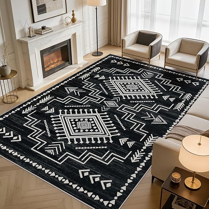 Joydeco Moroccan Black 8x10 Area Rugs for Living Room, Non-Slip Western Large Bedroom Dining Room Rug, Throw Stain Resistant Geometric Aztec Print Modern Soft Carpet for Playroom Office