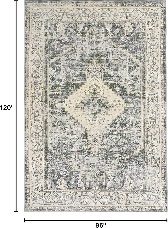 8x10 Washable Area Rug - Non Slip Vintage Rugs Soft Foldable Stain Resistant Large Carpet for Bedroom Living Room Office & Home Decor (Green,8'x10')