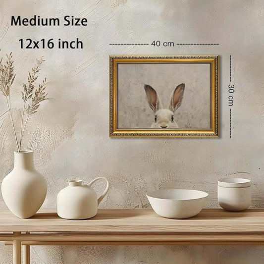 YD&YZY Gold Framed Vintage Wall Art Canvas Easter Bunny Wall Decor Rustic Easter Rabbit Décor Prints Cute Animal Painting Picture Print Artwork for Bedroom Kids Room Bathroom 12x16 inch Framed