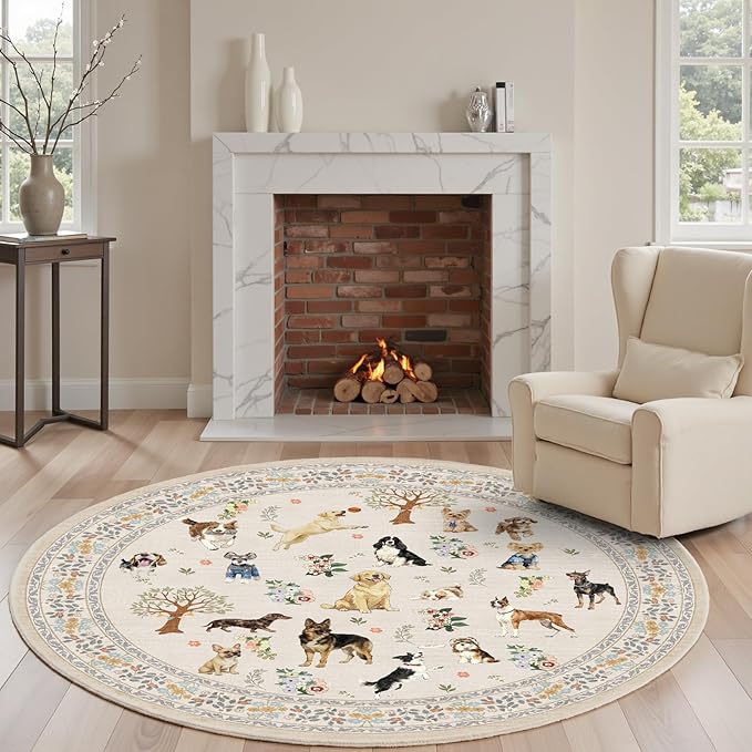 Beige 4Ft Round Area Rugs for Bedroom, Non-Slip Stain Resistant Round Kitchen Dog Rug, Modern Geometric Print Indoor Floor Circle Carpet for Entryway Living Room Sofa