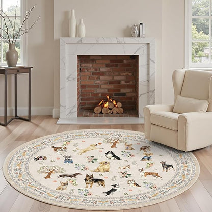 Beige 4Ft Round Area Rugs for Bedroom, Non-Slip Stain Resistant Round Kitchen Dog Rug, Modern Geometric Print Indoor Floor Circle Carpet for Entryway Living Room Sofa