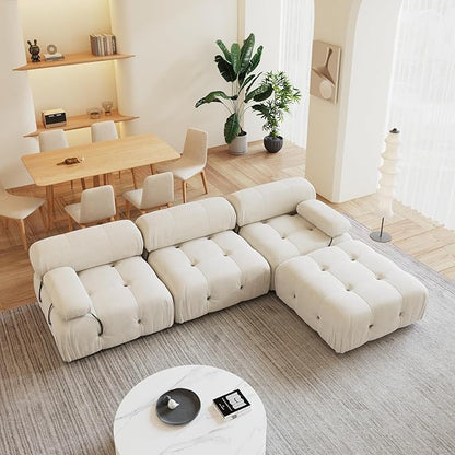 104'' Modular Sectional Couch, L-Shaped Velvet Bubble Couch with Reversible Chaise Ottoman, Modern Cloud Sectional Couches for Living Room, Apartment (3 Seats, 1 Ottoman, Beige)