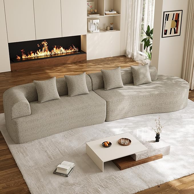 147" Oversized Sectional Sofa for Living Room, Modern Luxury Plush Chenille 4-Seater Extra Deep & Wide Seat Curved Cloud Couch with 4 Throw Pillows, No Assembly Needed, Light Brown